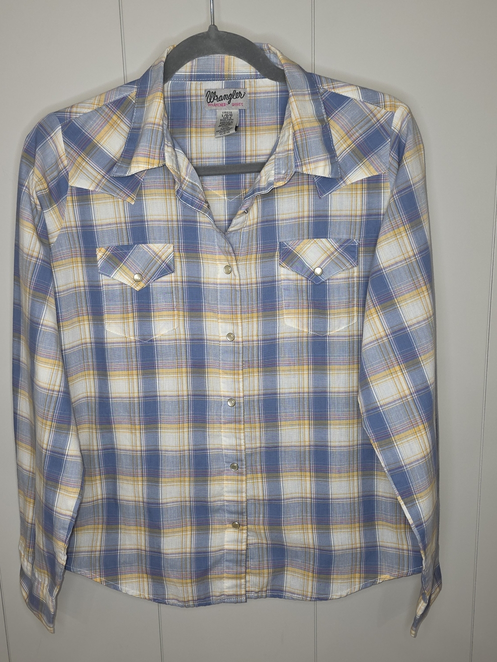 Wrangler Womans Blue, White & Yellow Plaid Button-Down Shirt Pearl Snap Sz Lg